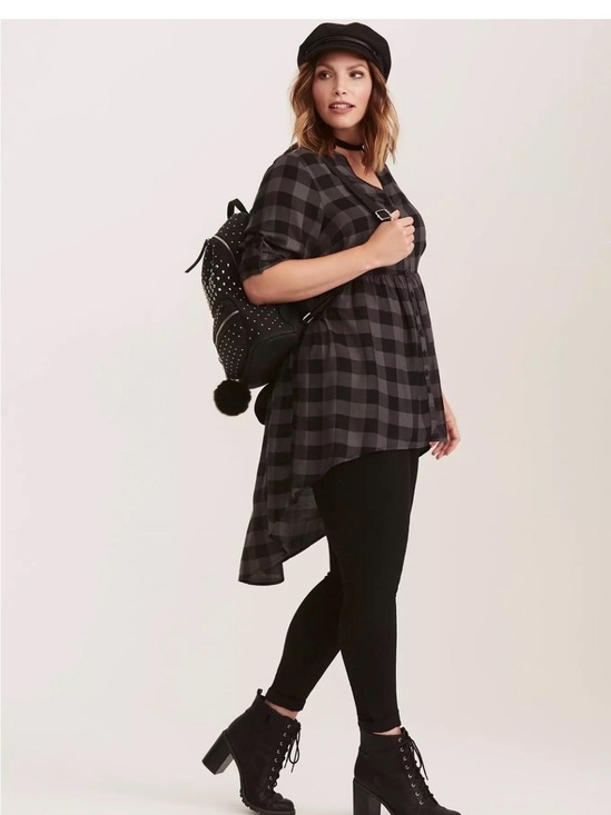 torrid Tops - Torrid Tunic Shirt Dress Charcoal and black Plaid High-Low Tiered Size Lg